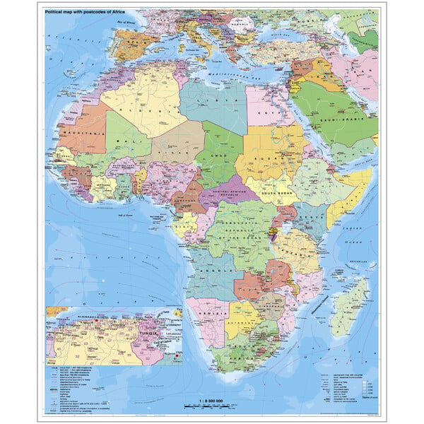 Stiefel continentkaart Afrika politisch mit PLZ auf Platte zum Pinnen