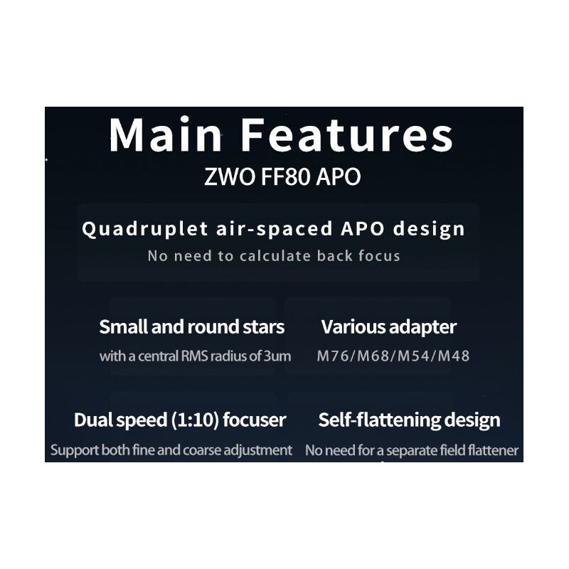 ZWO Apochromatische refractor FF80 AP 80/600 Quadruplet OTA